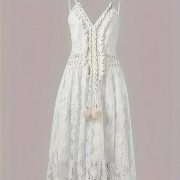 Pom Pom Tassel White Lace Maxi Dress - Picture 3 of 3